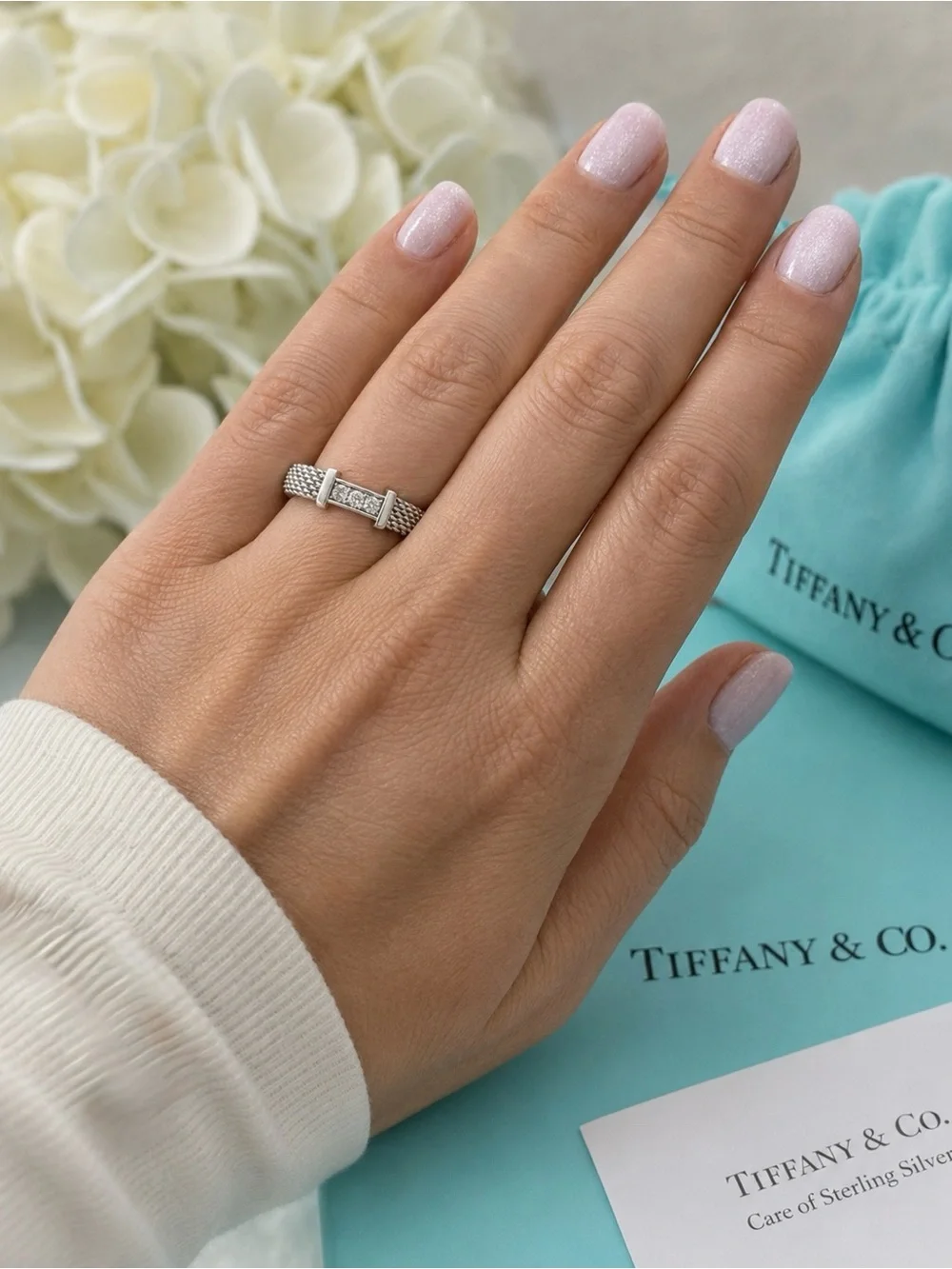 Tiffany & Co. Somerset Mesh 3 Diamond Ring Sterling Silver Rare Retired Size 5